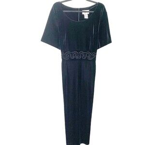 Vtg ALIX TAYLOR Woman Black Velour MIDI Dress Plus SZ 20W Short Sleeve Embroifer